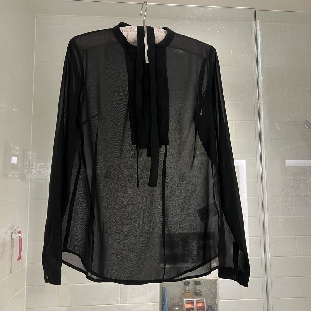 Sheer Black Blouse with Tie Neck